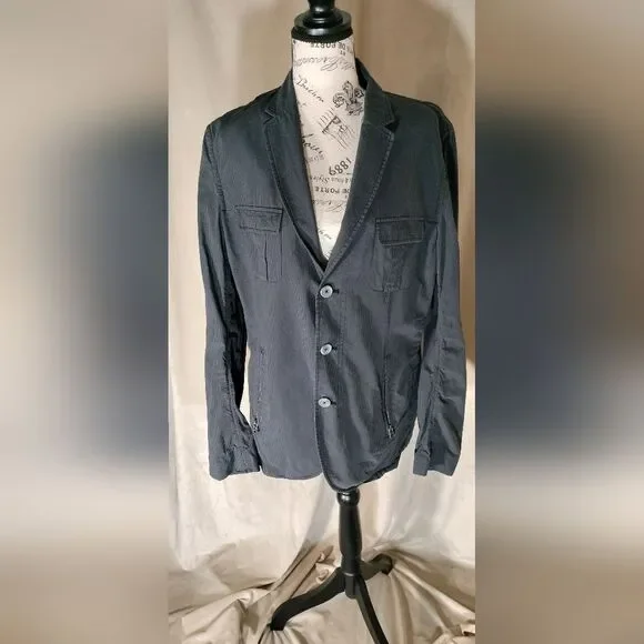 Sons of Intrigue Gray/Blue/Black Striped Military Utility Blazer Jacket.…