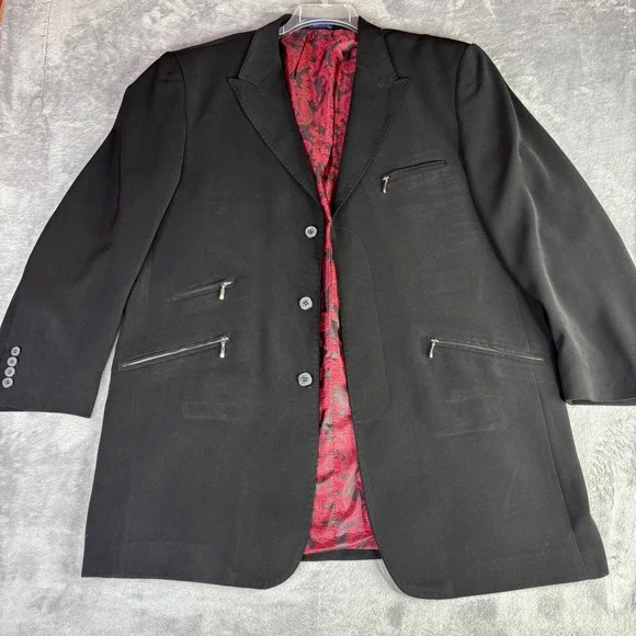 Blu Martini Blazer Mens 46 Black Red Paisley Lining Zipper Pockets Fashion Coat