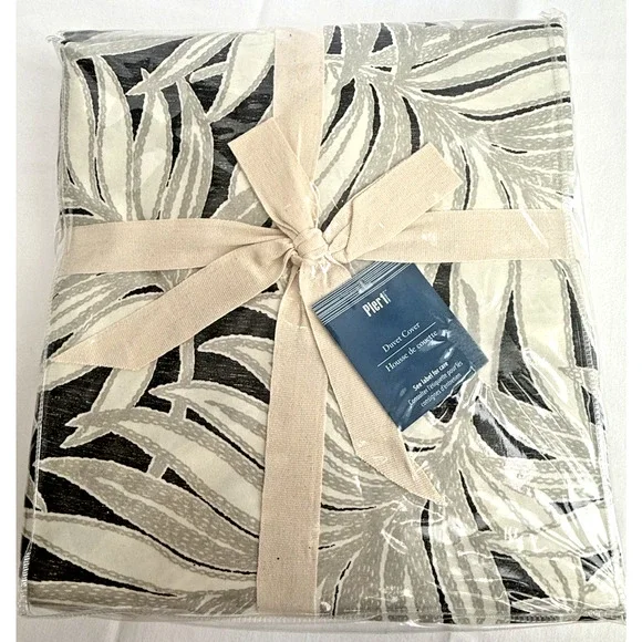 NEW Pier 1 PALM LEAVES Black Grey Tropical Organic Cotton Duvet Queen Full