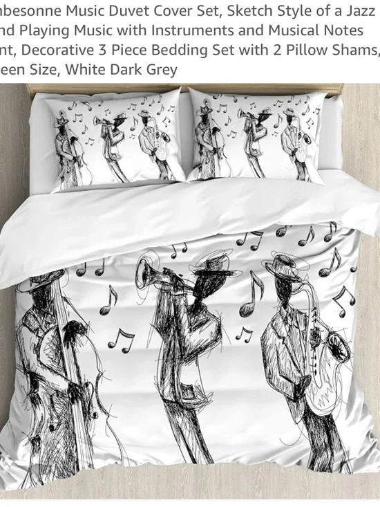 Ambesonne Queen Music Jazz Duvet Cover & 2 Shams Set - Microfiber White & Black