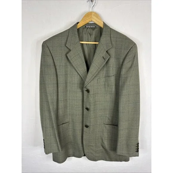 Harry Rosen‎ Carlo Barbera Virgin Wool Blazer Sport Coat Green Plaid 44R