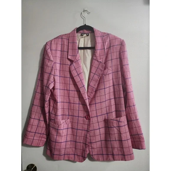 Vintage Chad II Mens Pink Purple Plaid Blazer Jacket Made in USA Size L 3125