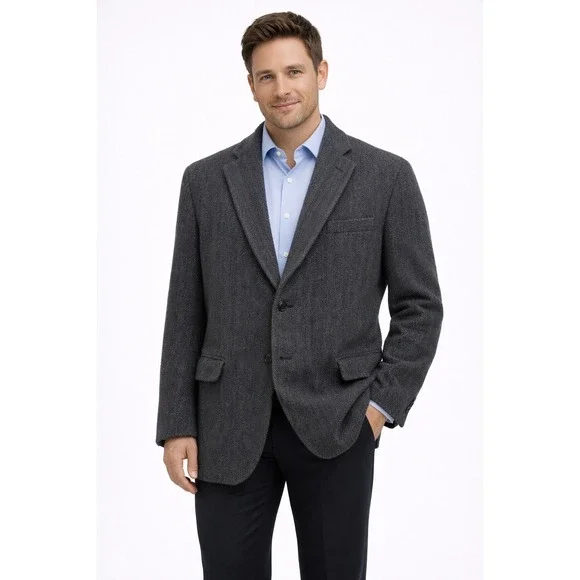 Vintage‎ Andover 100% Virgin Wool Mens Dark Grey Herringbone Blazer Size 50