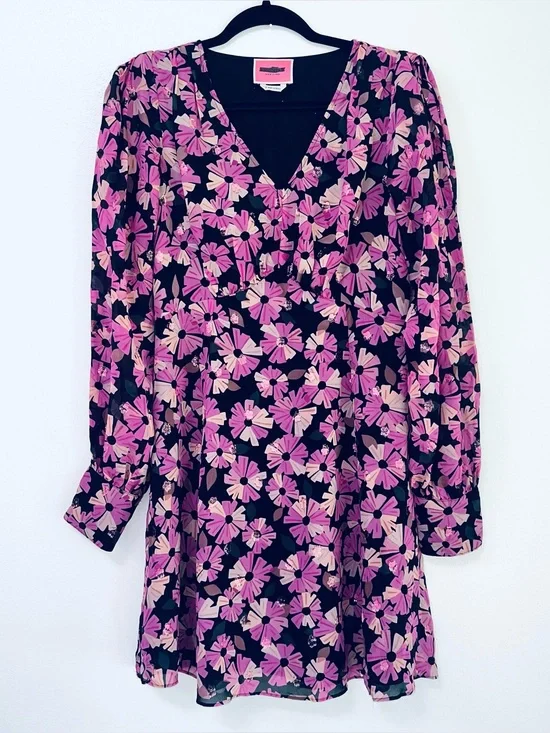 Kate Spade Wallflower Chiffon Midi Dress EUC V-Neck Pink Black Silk SZ 6
