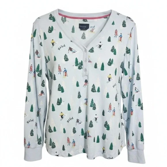 Kate Spade New York Womens Ski Scene Henley Pajama Top Light Blue Large NEW‎