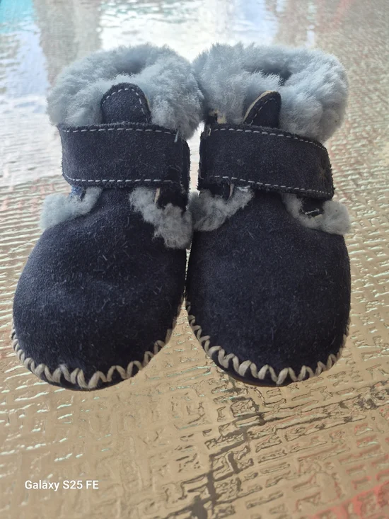L.L. Bean Navy Suede Baby Moccasins with Light Blue Plush Cuff