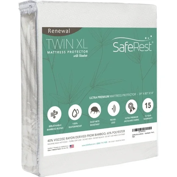 SafeRest Renewal Bamboo Mattress Pad  Cover‎ Hypoallergenic TWIN XL Dorms NIP