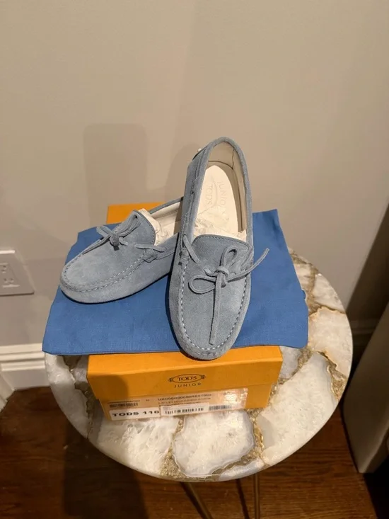 Tod's Light Blue Suede Slip-On Loafers with Bow
