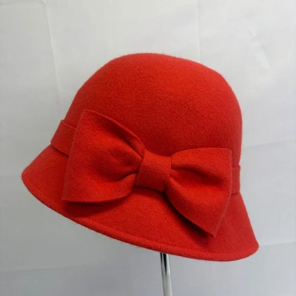 Kate Spade New York Wool Felt 1920s style Cloche Bucket Hat Red Bow