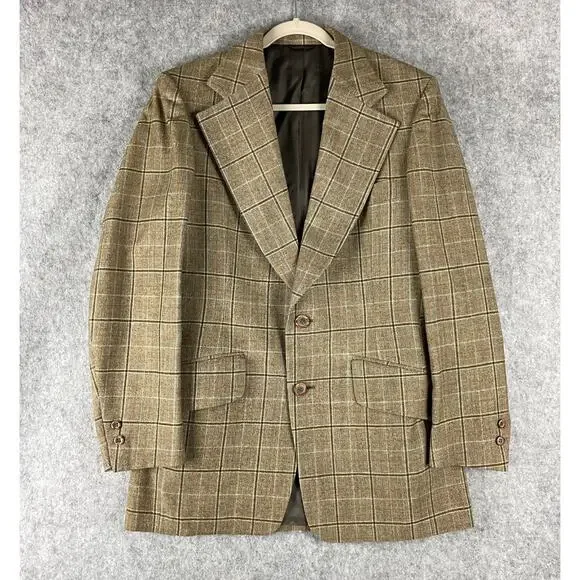 Vintage Hardy Amies Blazer Sport Coat Mens 40R Tan Plaid Wide Lapel Academia