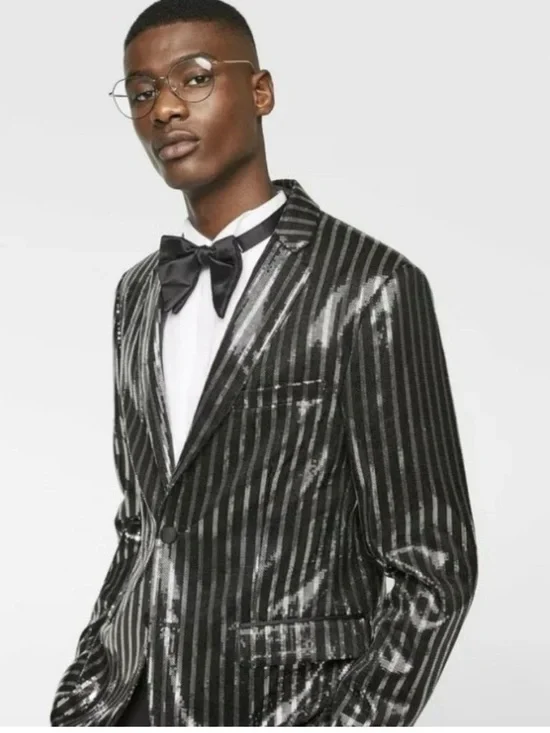 Zara Black & Silver Striped Sequin Blazer