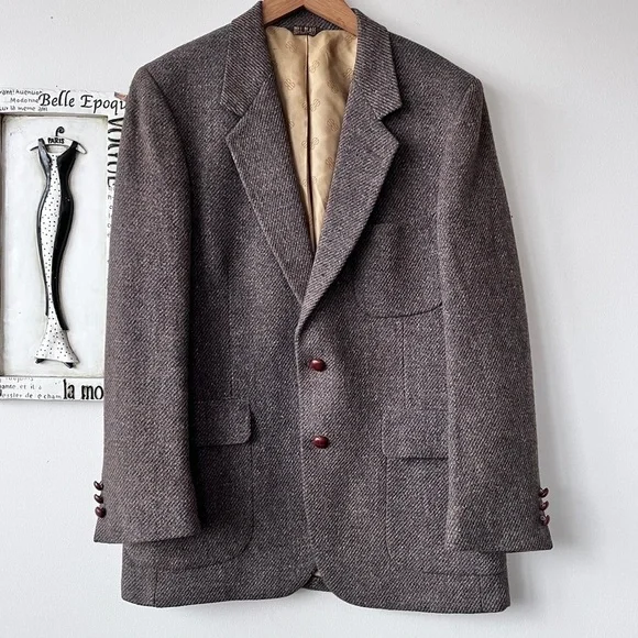 Vintage Men’s Bill Blass Tweed Wool Brown Single Breasted Blazer Size 42