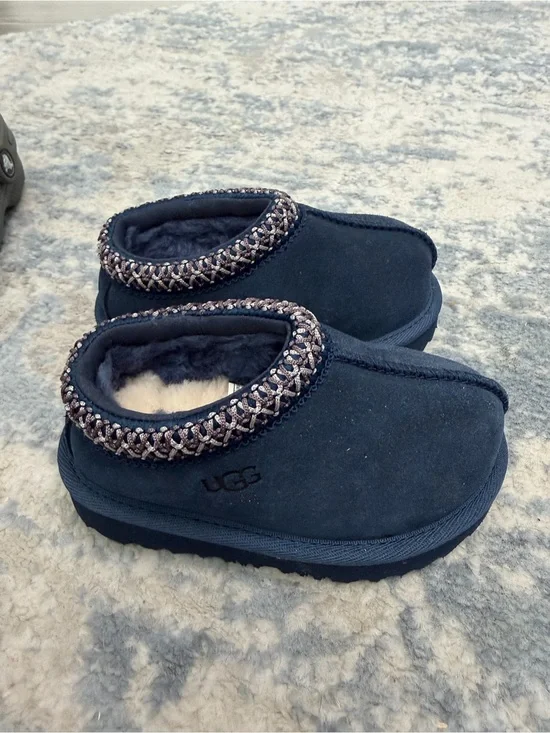 UGG Kids Navy Blue Suede Moccasin Slippers