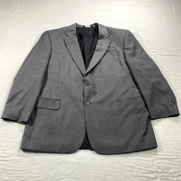 VINTAGE Jos A Bank Blazer Mens 46R Gray Check Wool 2-Button Sport‎ Coat Jacket *
