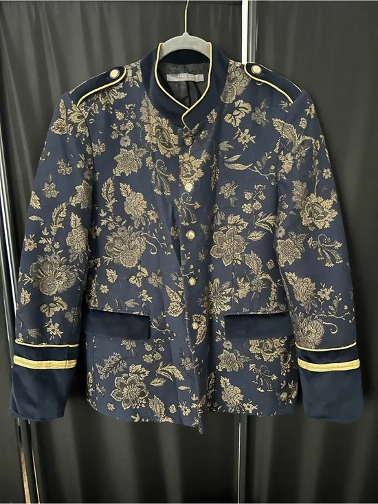 Zara Navy Blue Blazer with Gold Floral Brocade