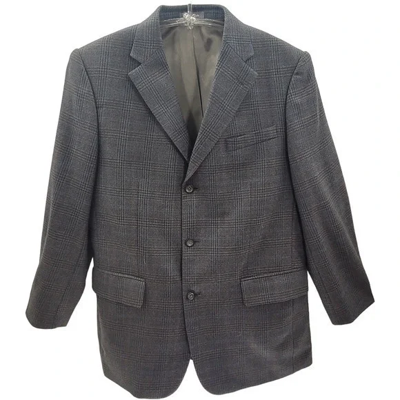 Men's Oscar De La Renta Gray Lambs wool Plaid Three Button Vintage Blazer Jacket