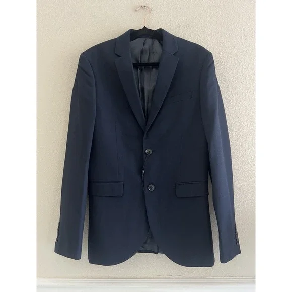 Topman Mens Skinny Fit Suit Jacket 36R Navy Blue Two Button Modern Blazer Career