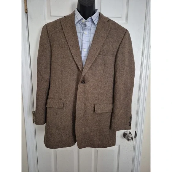 Haggar Mens 42L‎ Brown Herringbone Lambswool Blazer Sport Coat 614854