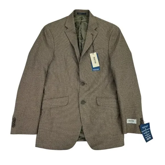 Kenneth Cole Mens Slim Fit Ready Flex Houndstooth Suit Jacket Tan Brown 36R