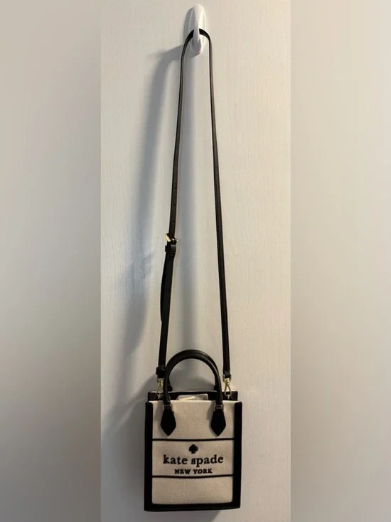 NWT Kate Spade Mini Ellie Tote Black Leather with Tan Straw Canvas