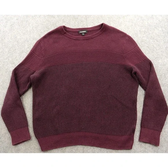 Express Sweater Mens Large Purple Waffle Knit Pullover Crew Long Sleeve Cotton