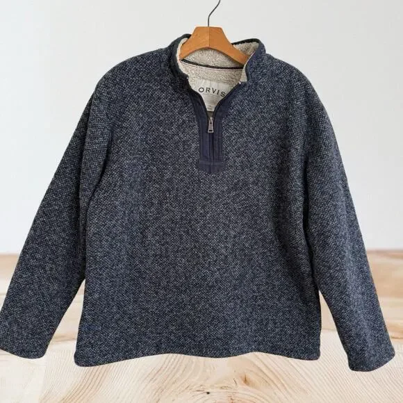 Orvis Sherpa Fleece Lined 1/4 Zip Pullover‎ Sweater Sweatshirt Mens L Navy Blue
