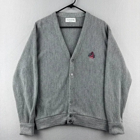 Vintage Izod Cardigan Sweater Mens Large Gray Acrylic Button Up 80s Made in USA
