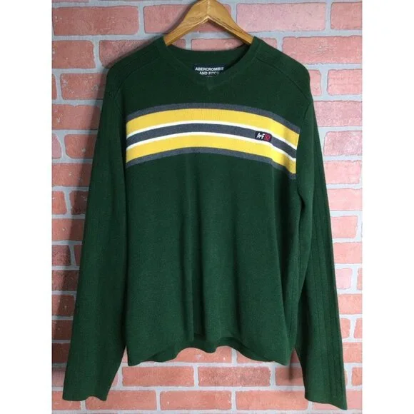 Abercrombie and Fitch A+F92 Knitted Sweater Long Sleeve V-Neck Green Large