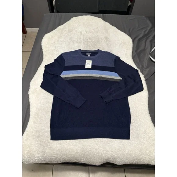 Van Heusen Navy Striped Sweater Long Sleeve Wool Blend Men's Size Large