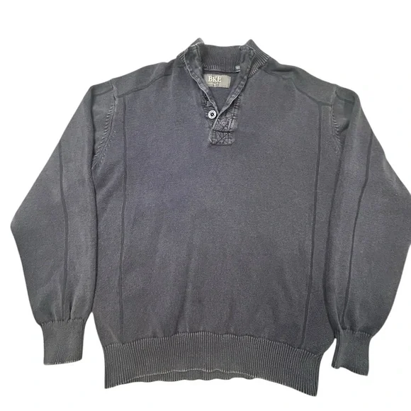 BKE Men's Charcoal Henley Mockneck Sweater XL Qtr Button Distress‎ Finish Indie