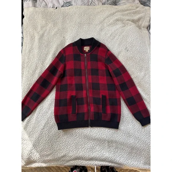 Roebuck & Co Mens Buffalo Plaid Full Zip Cardigan Sweater Red Black Large