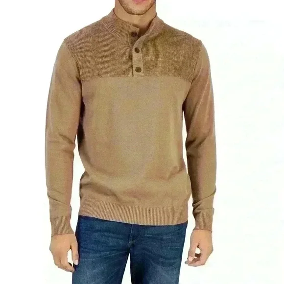 Club Room Mock Neck 3-Button 100% Cotton Pullover Mens Sweater Size L Walnut