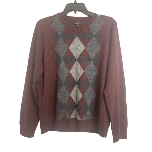 APT 9 Merino Wool Argyle Burgundy Sweater V-Neck Size M‎