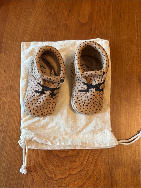 Freshly Picked Tan with Black Polka Dot Baby Moccasins