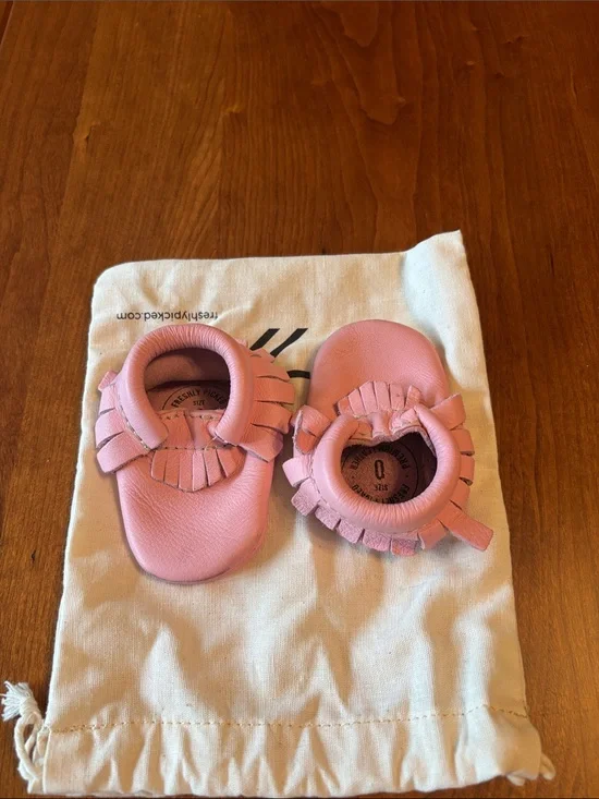 Freshly Picked Pink Fringe Leather Baby Moccasins