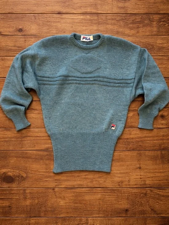 Vintage Fila Made in Italy Virgin Wool Sweater Green Crewneck Mens M 90s Knit