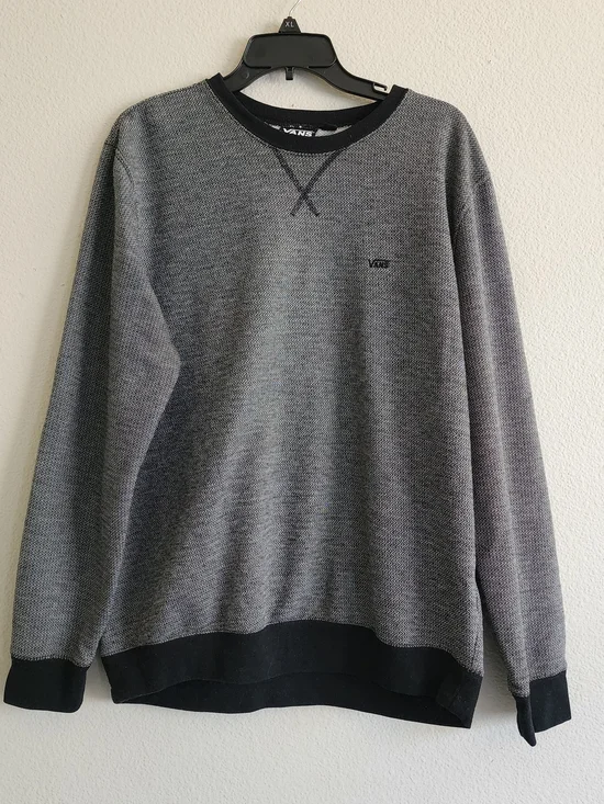 Vans Grey Black Herringbone Textured Knit Crewneck Sweatshirt Size L