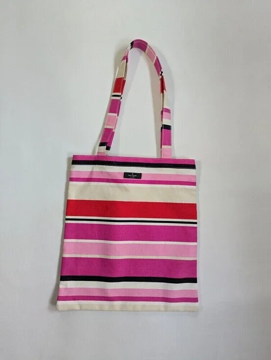 Kate Spade New York Striped Canvas Tote Pink Orange Cream Shopping Bag