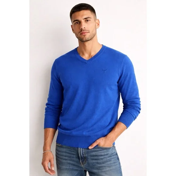 American Eagle Men's Athletic Fit V-Neck Sweater Blue XL Long Sleeve Pullover