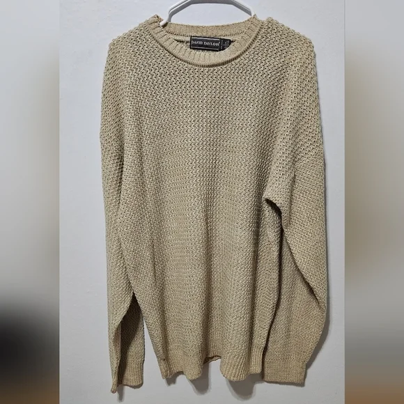 David Taylor Men's Tan Waffle Knit Pullover Sweater Sz L Made In USA Vintage B13