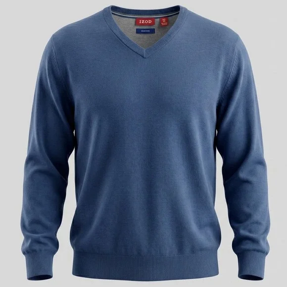IZOD Mens Large Blue Sweater V-Neck Pullover Long Sleeve Cotton Knit