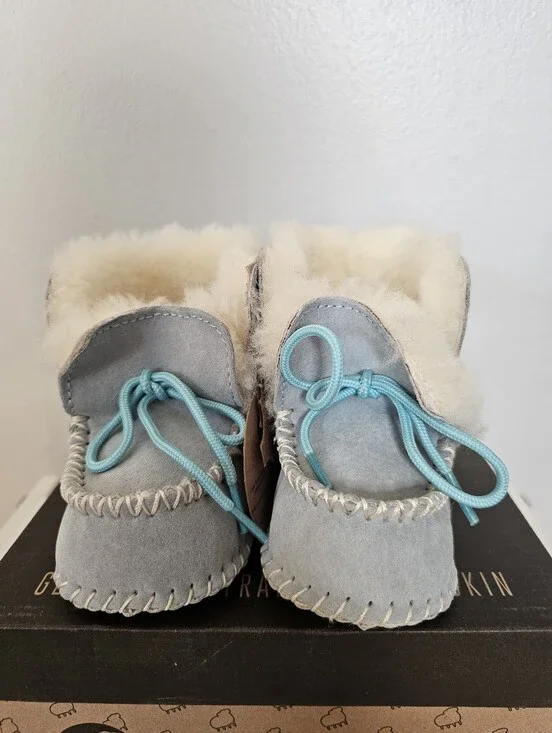 Lamo Light Blue Leather Moccasin Booties For Baby