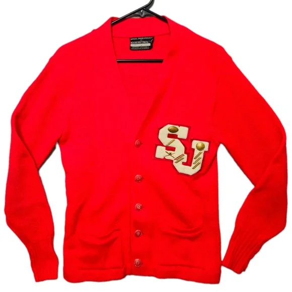 Vintage Miami Knitting Mills Red Varsity Letterman Cardigan SJ Patch Mens Small