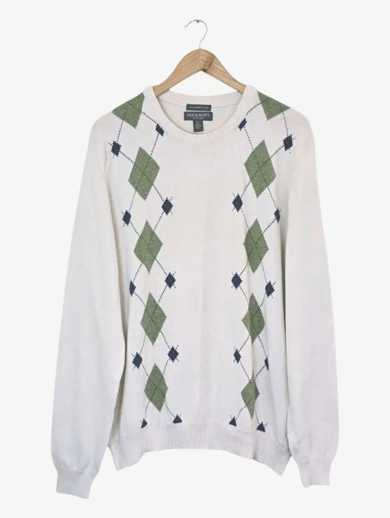 Lyle & Scott Argyle Sweater Mens Large Cotton V Neck Preppy Golf Classic