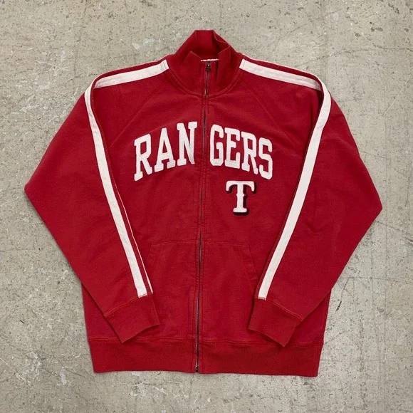 Texas Rangers Sweater Mens XL Red‎ Spell Out Logo Full Zip Stitched MLB Baseball