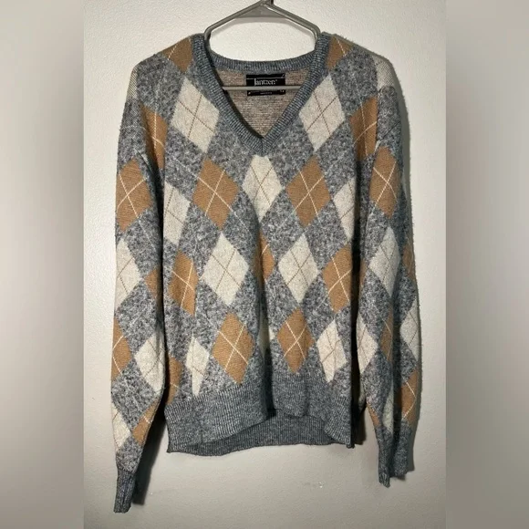 Janzten Mens Size Large Argyle Pullover Grandpa Retro V Neck‎ Sweater VTG