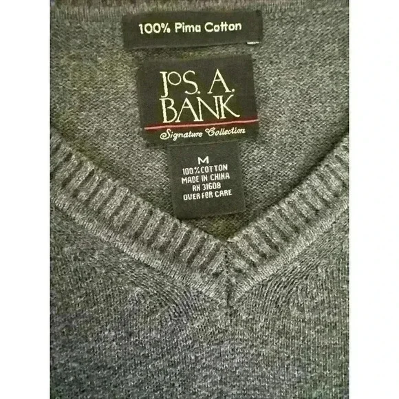 JoS A. Bank | Men’s Medium V-Neck Grey Gray Sweater 100% Pima Cotton Lightweight