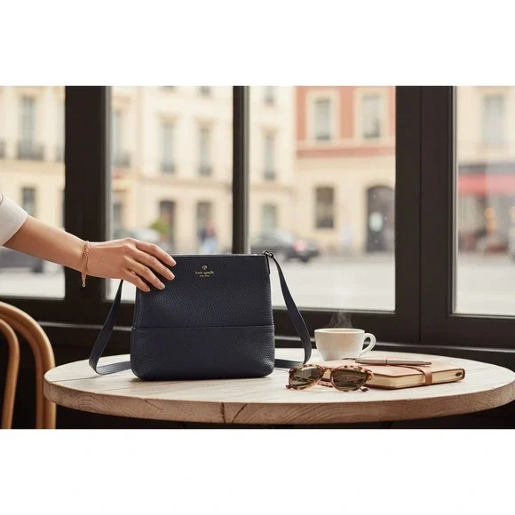 Kate Spade New York Navy‎ Blue Pebbled Leather Crossbody Bag  Striped Lining