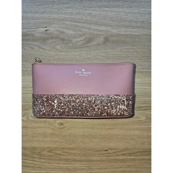 KATE SPADE New York Greta Court Glitter Cosmetic Bag Pink Sparkling w/Pocket