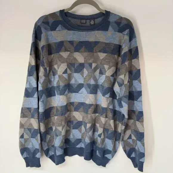 Saks Fifth Avenue Merino Wool Sweater Mens M Blue Gray Print Crew Neck Pullover